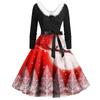Women Vintage Long Sleeve Christmas Print 1950s Housewife Evening Party Prom Dress