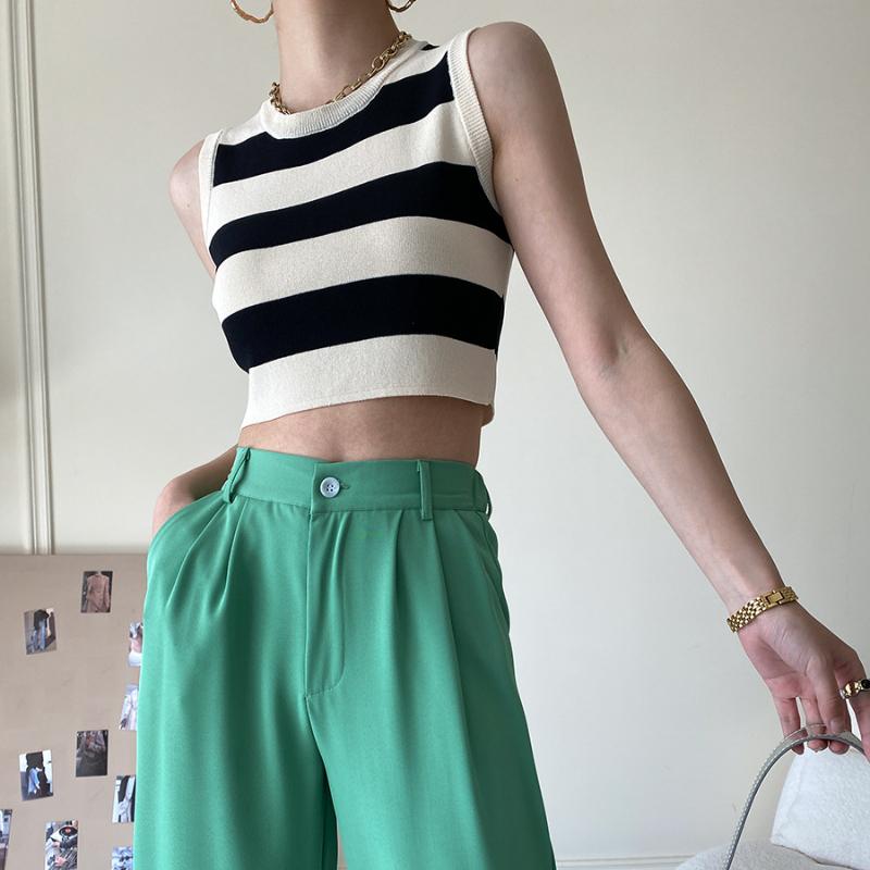 Сексуальная женская майка в рубчик, летние укороченные топы без рукавов в полоску с круглым вырезом, уличная винтажная корейская модная рубашка, жилет, одежда Y2K