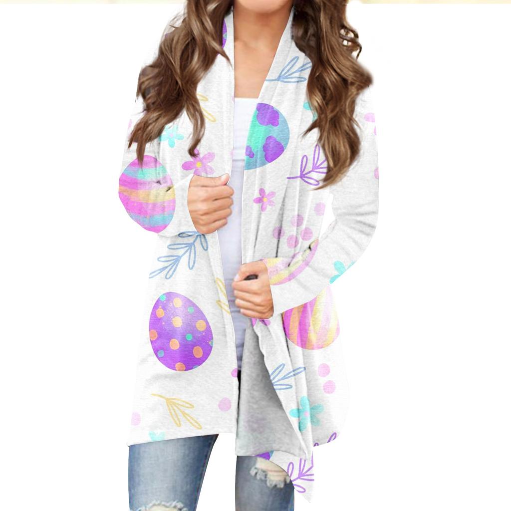 Женский кардиган с пасхальным принтом и длинными рукавами спереди, легкая куртка с принтом