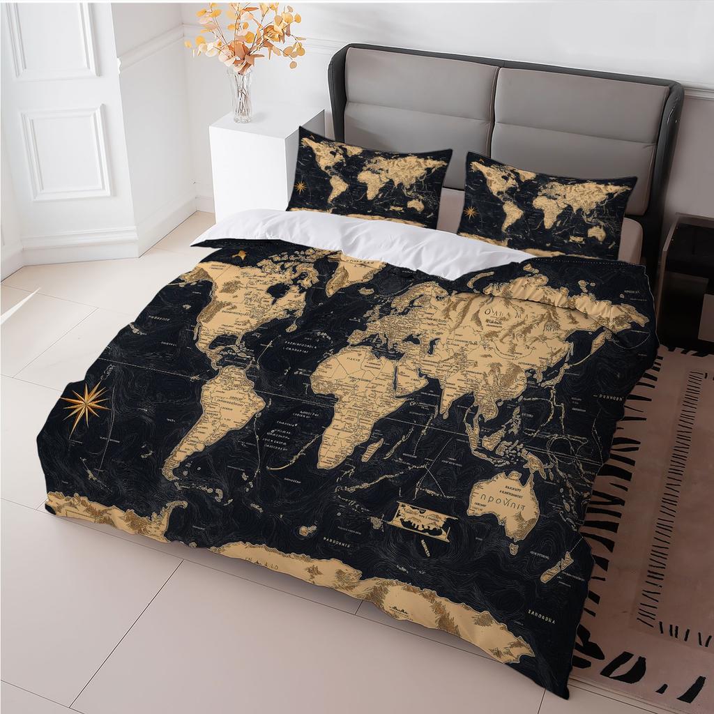 3Pcs Vintage World Map Duvet Cover Set, Black Golden Compass Print Bedding with Pillowcases for Bedroom Decor