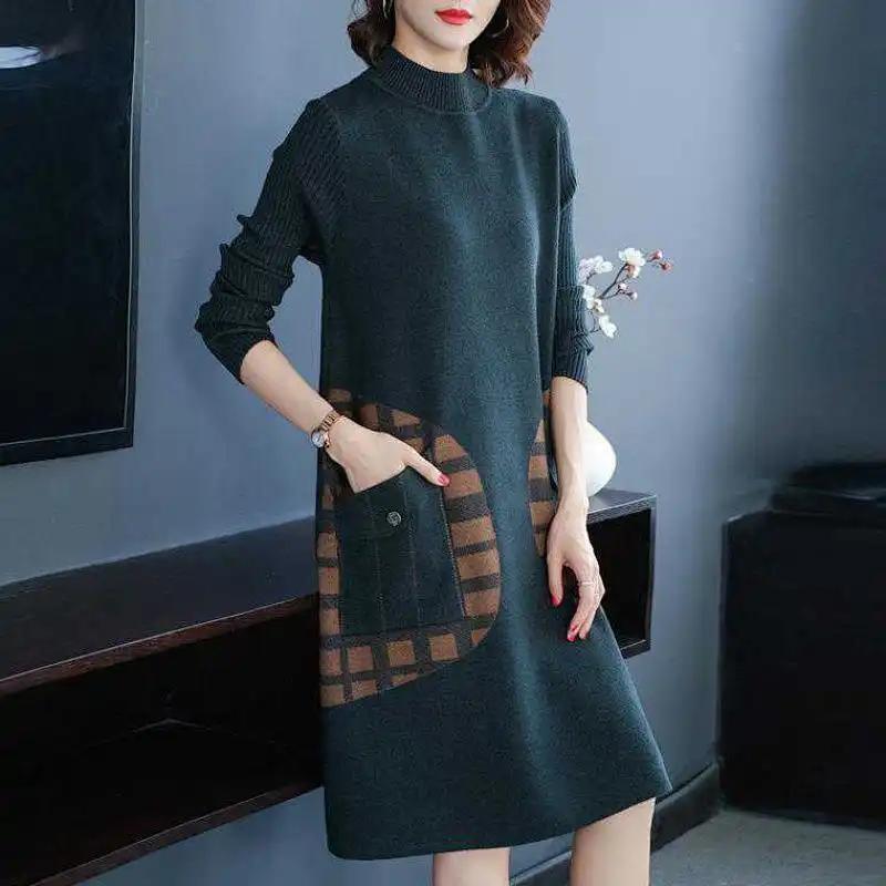 Платье для женщины Хлопок Зима Тепло Круглый вырез Длинный рукав Винтаж Повседневный С принтом Длинные Трикотажные платья-свитера стрейч