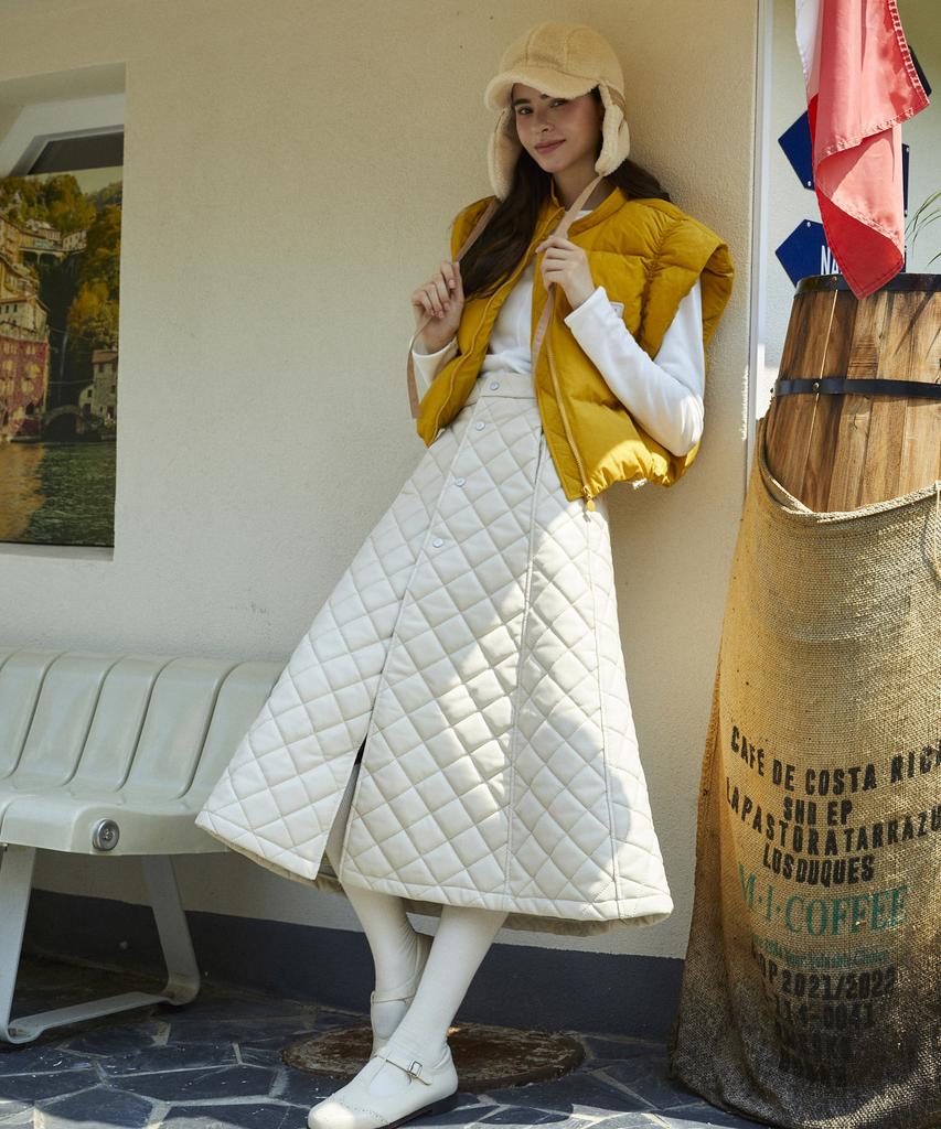 Candini Cream Faux Leather Padded Long Skirt