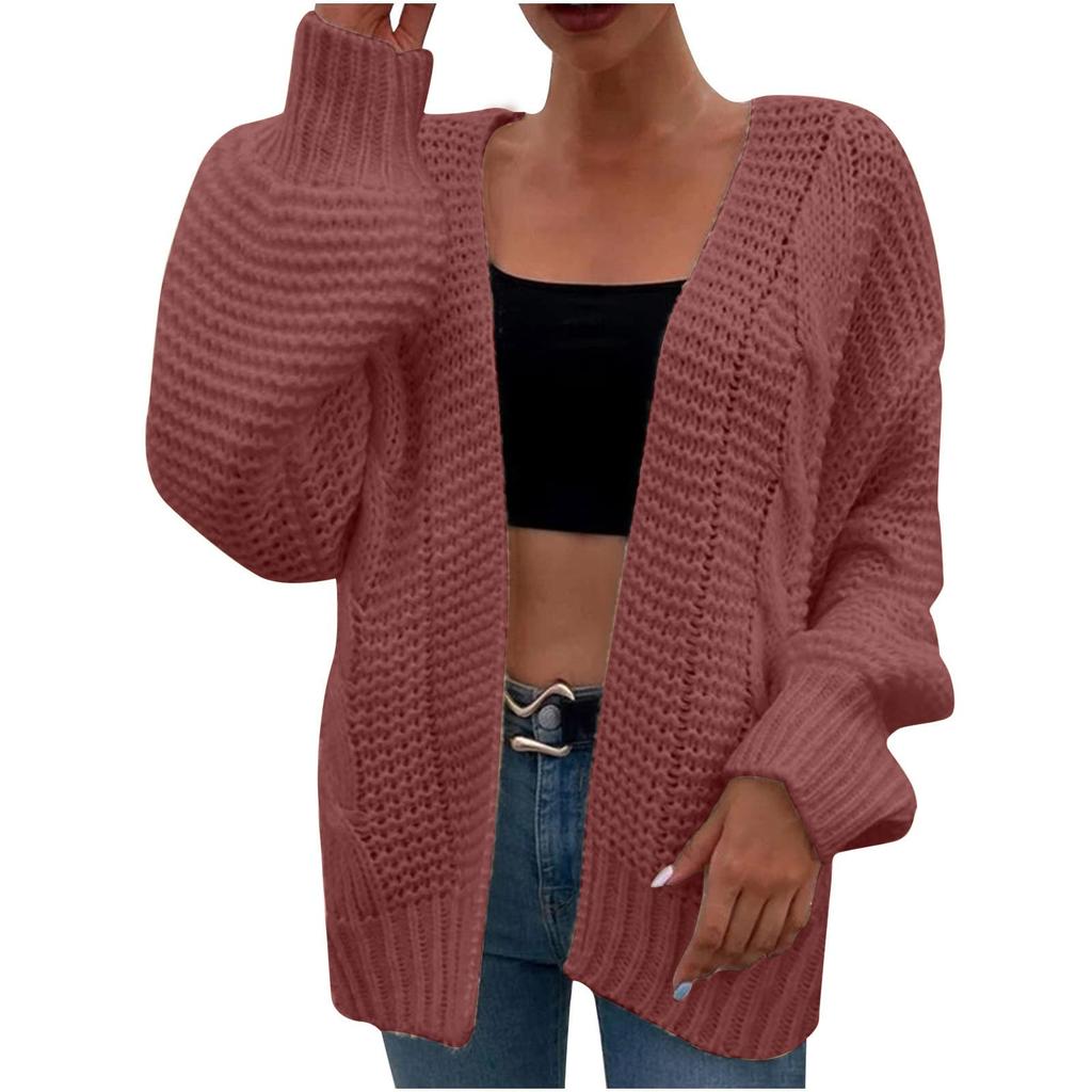 Женская мода Повседневный открытый спереди Длинный рукав Кардиганы крупной вязки Свитера Верхняя одежда Пальто