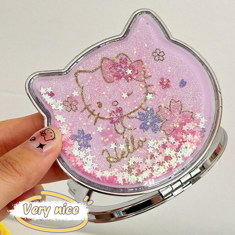 Кавайное Зеркало для Макияжа Hello Kitty Двустороннее Портативное С Блестками и Песком Мультяшная Девочка Подарок Карманное Двустороннее Зеркало для Макияжа