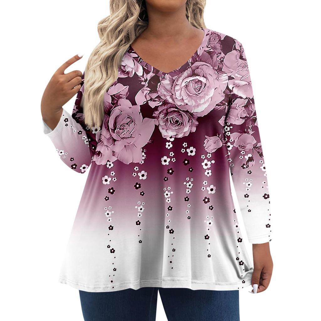 Женские топы больших размеров с длинным рукавом и принтом, рубашки с V-образным вырезом, повседневная одежда, топы
