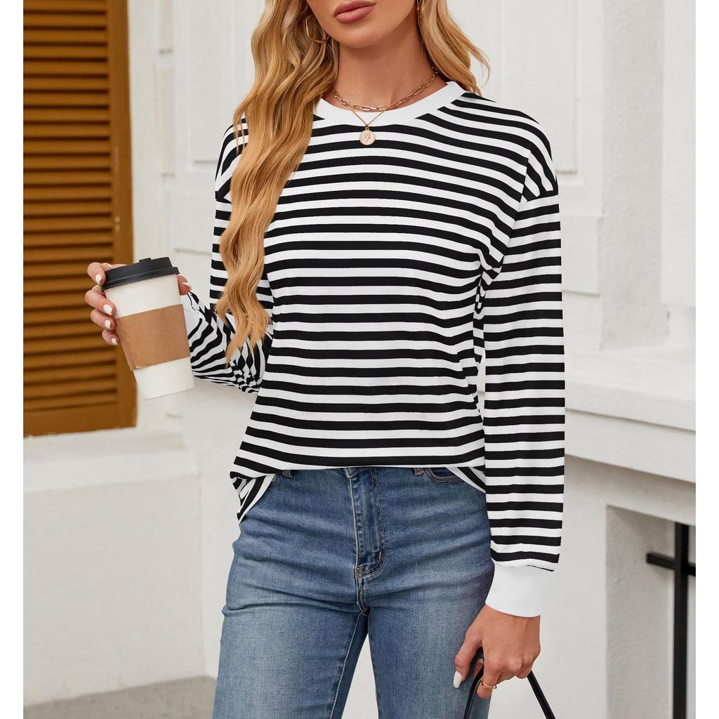 Женская нижняя рубашка осень-зима новая мода контрастного цвета свободный круглый вырез полосатый топ с длинными рукавами