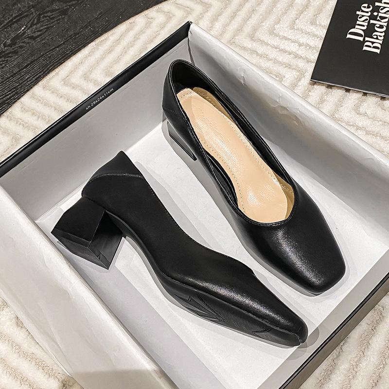 Весна 2024 года, новые женские туфли на толстом каблуке с квадратной головкой и неглубоким носком, средний каблук, одинарные туфли