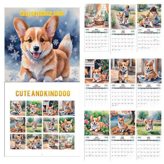 2026 Календарь настенный 'Снежный день корги' 12-месячный календарь из плотной бумаги на тему собаки корги для декора дома, офиса, инструмент для управления временем