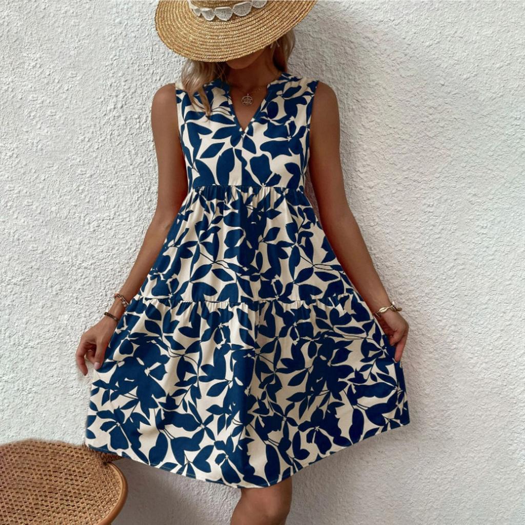 Женские платья Платья без рукавов для женщин с v-образным вырезом и цветочным принтом, повседневные свободные летние женские платья