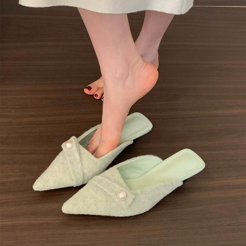 Грубый каблук французский темперамент маленькая ароматная сумка головка полутапочки женская обувь носить 2025 весна и лето остроносый головка полуподдержка одиночные туфли