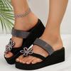 Fashion Brand Designer Glitter Flower Wedge Heels Slippers Silver Glitter Strap Clip Toe Slippers Women 2025 Summer Sexy Beach Sandals