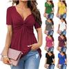 Women's V-neck Front Twisted Shirt Short Sleeved Elegant Casual T-shirt Solid Color Pullover Top Shirt