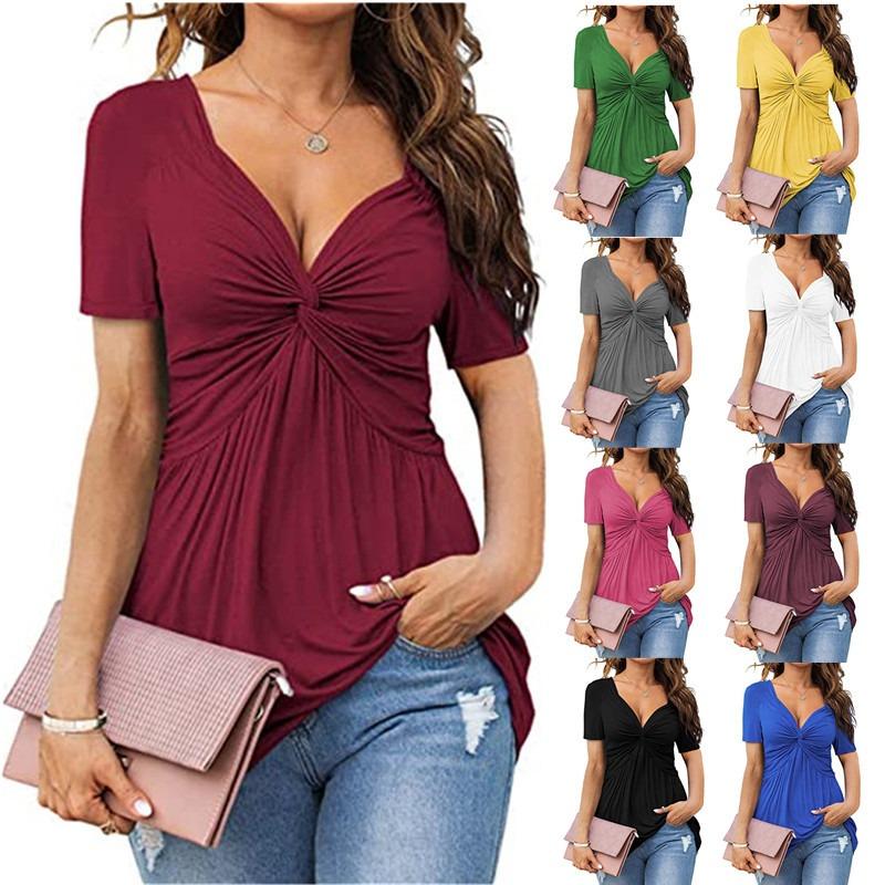 Women's V-neck Front Twisted Shirt Short Sleeved Elegant Casual T-shirt Solid Color Pullover Top Shirt