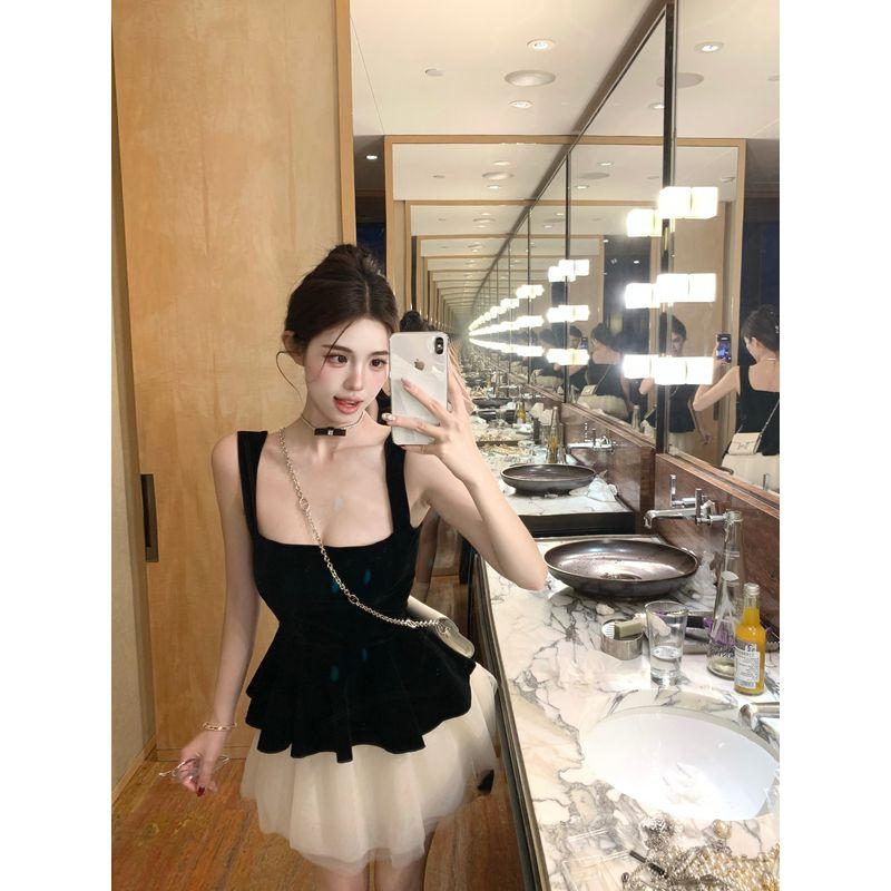 Kumikumi Fashion Set Black Square Collar Cami Women Summer High Waist Slimming Half-Length Two Piece Skirt