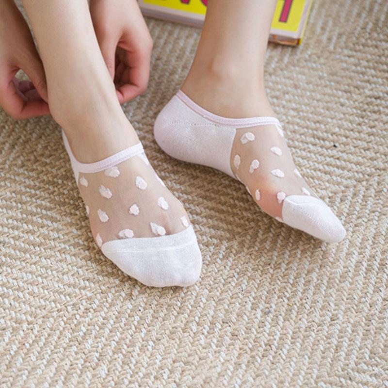 Женские носки до щиколотки Невидимые носки-лодочки Прозрачные летние сетчатые хлопковые горошек