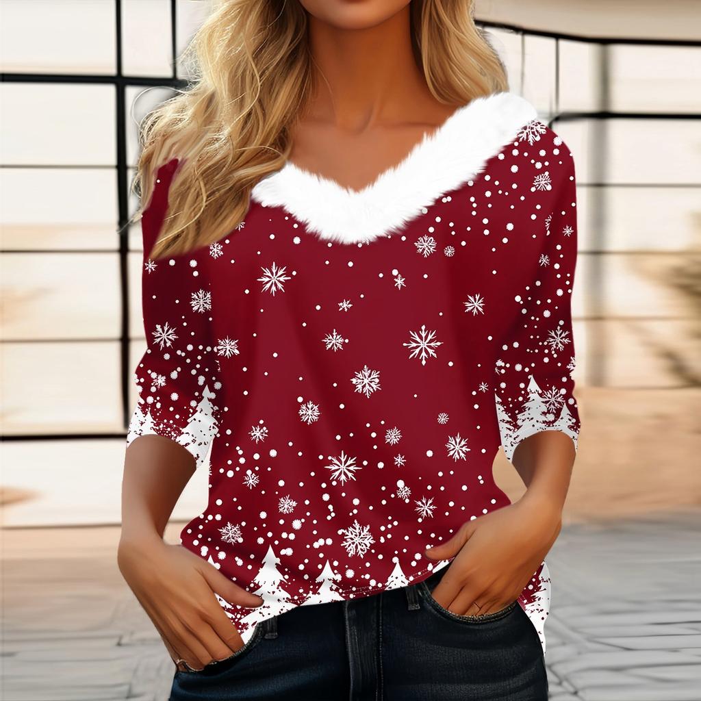 Женская футболка с рождественским принтом, флисовый воротник с рукавом три четверти и V-образным вырезом на рождественской вечеринке