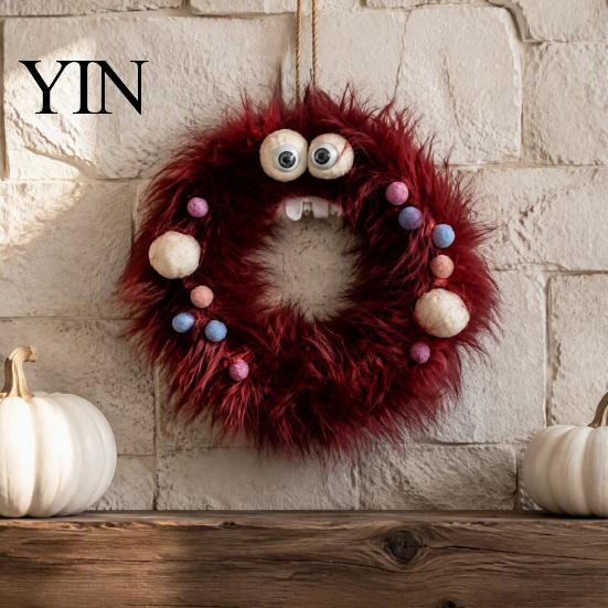 Halloween Wall Hanging Ornaments Fluffy Wreath for Front Door, Cute Furry Spider Fall Home Decor Wreaths with Pom Poms Party Fireplace Decorative