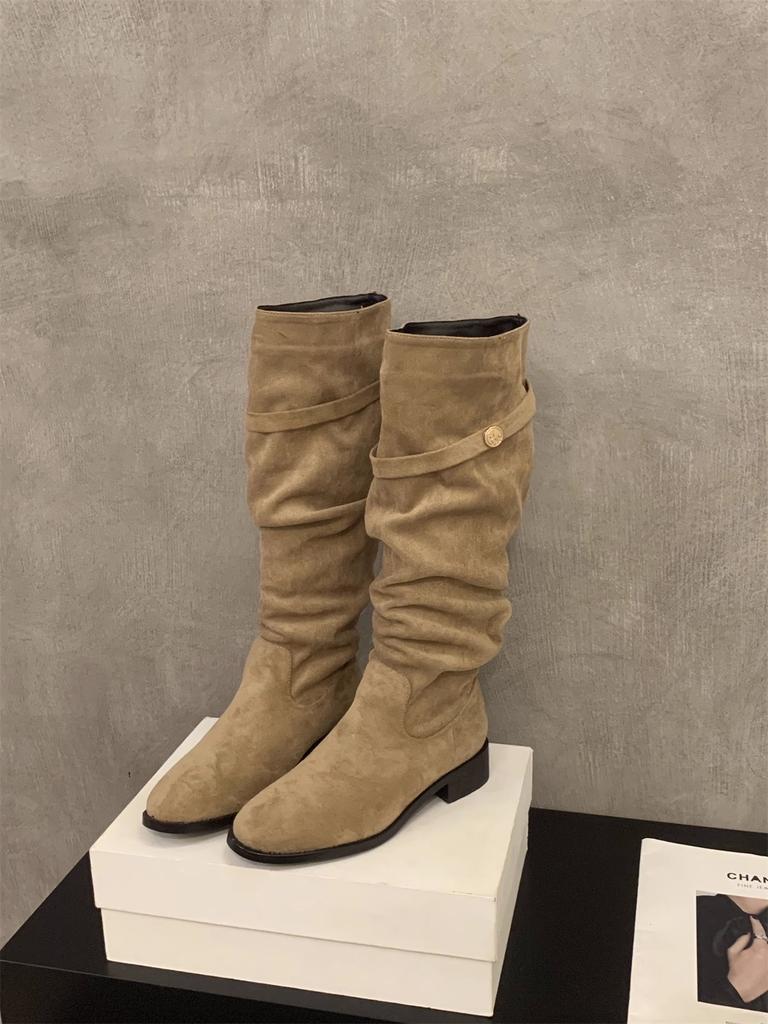 Французские замшевые ботильоны абрикосового цвета на толстом каблуке женская обувь 2025 новая весна-осень зима универсальные тонкие длинные сапоги