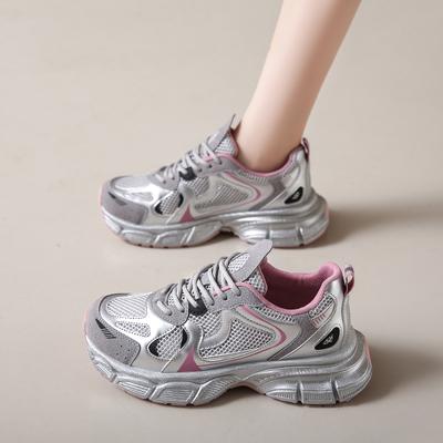 CRLAYDK Кроссовки на толстой подошве для женщин, серебристые, модные, на платформе, летние, для папы, повседневные, на шнуровке, для ходьбы, сетчатые, спортивные, для женщин, теннис