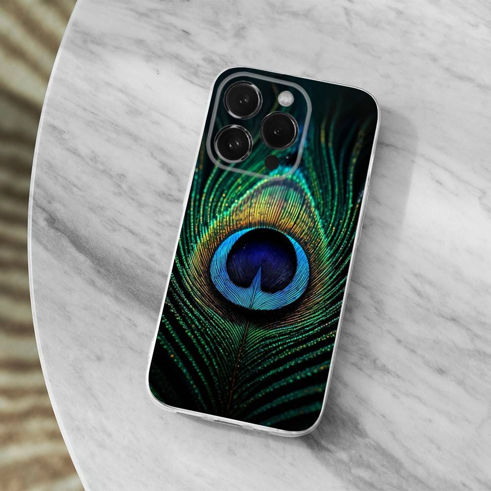 Beauty Peacock Feathers Case For iPhone Max,14,16,X,13,XR,SE,12,15,Pro,17,Plus,11,XS,Mini Transparent Soft Cover