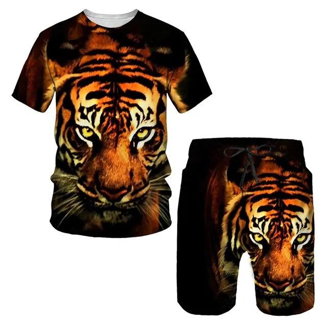 The Tiger 3D Printed T-Shirt/Suit Summer Short Sleeved O-Neck Men's Beach Pants 2 Pcs Set Couple Sportswear Swimming Shorts