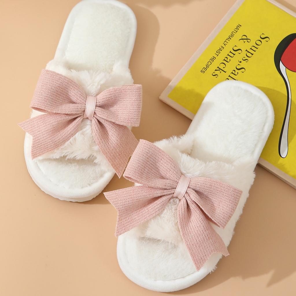 Cotton Slippers for Women, Winter Cute Bow Slippers, Indoor Home Warm Thick-soled Slippers, Anti-slip Toe Exposed Slippers