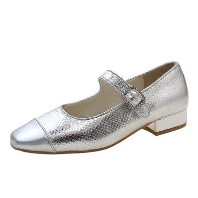 Серебристые туфли-лодочки 2024 года, весна, новые женские туфли-пуанты Mary Jane Pointe с пряжкой и строчкой на низком каблуке, маленькие кожаные туфли