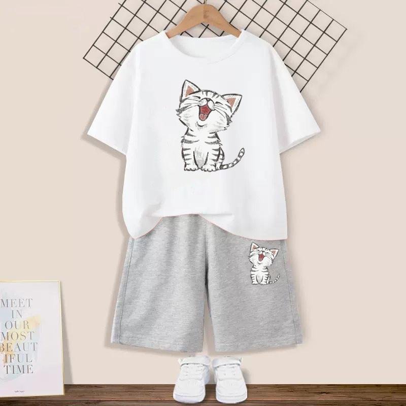 Милый комплект одежды с принтом «Счастливый кот» для девочек, летняя мода, футболка с коротким рукавом и шорты, комплект из 2 предметов, детская одежда