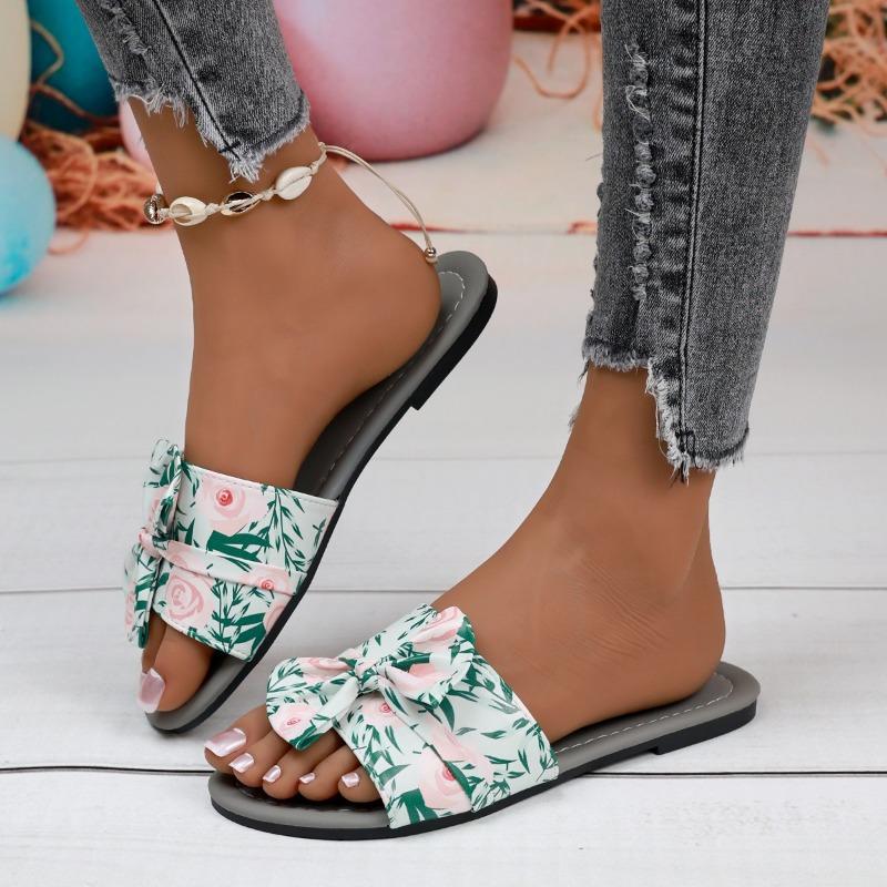 Fashion Butterfly-Knot Decoration Women Flat Slippers Fashion Print Woman Open Toe Slides Summer New Lightweight Slip On Women Shoes