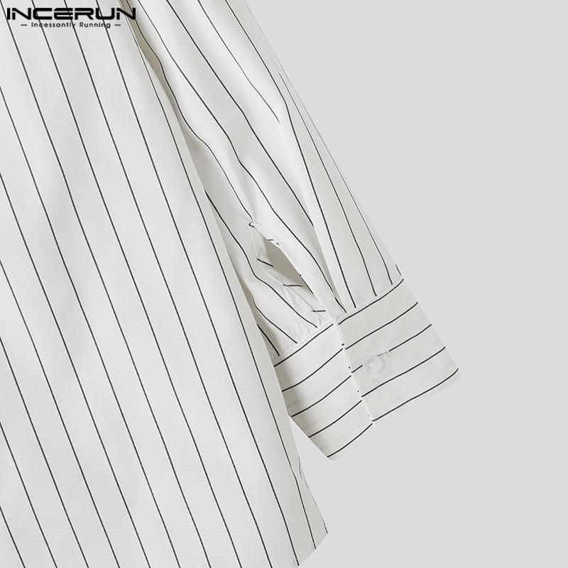 INCERUN Осенние мужские рубашки в полоску с длинным рукавом и воротником-стойкой, топы с повязками Bagge