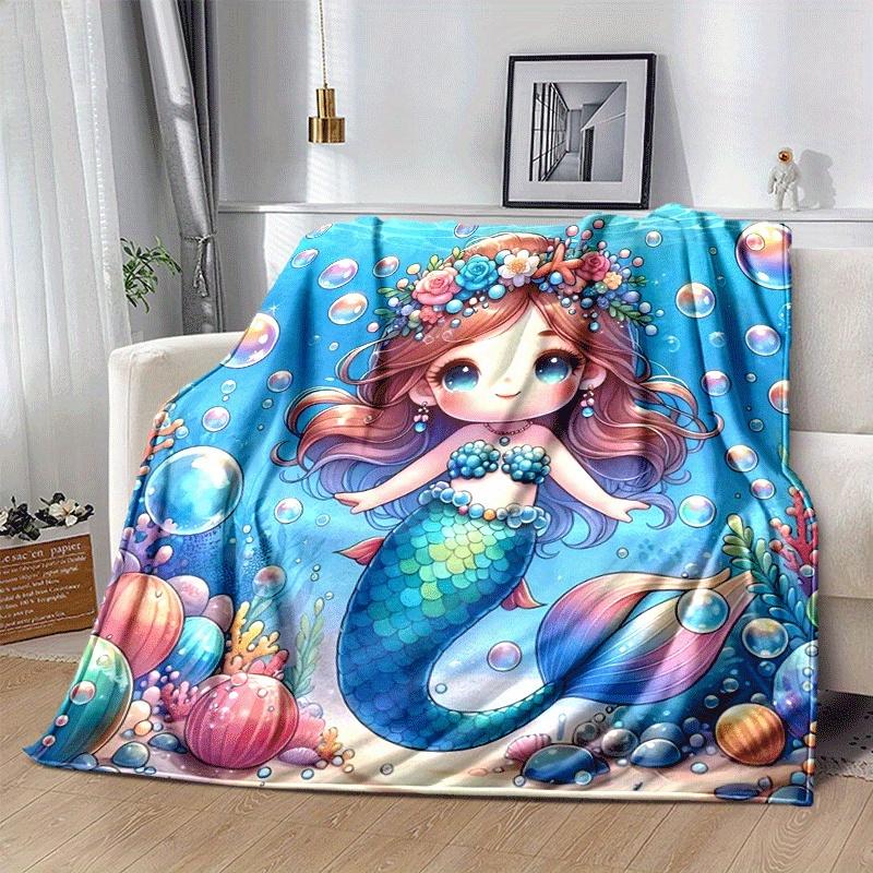 1pc Mermaid Printing Blanket - Soft, All-Season Throw for Office Blanket, | Personalized Gift with Adorable Cartoon Design