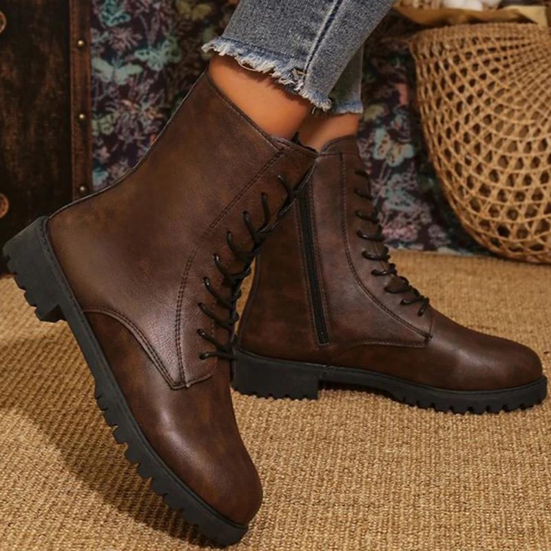 Fashion Women's Shoes British Solid Zip Ankle Boots for Woman Autumn Winter Round Toe Lace-Up Short Boots Women Pu Leather Shoes Zapatos