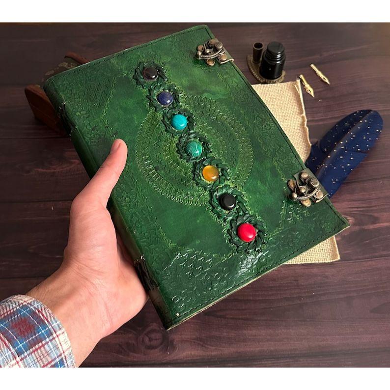 Кожаный журнал с семью камнями, ручная работа с тиснением, винтажный кожаный переплет, зеленый блокнот, альбом для рисования, дневник, лучший подарок для него