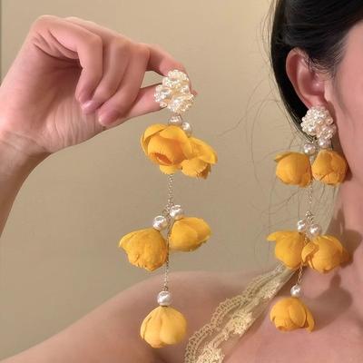Желтые серьги-пусеты с бахромой из жемчуга, модные супер феи, серьги с высоким чувством свежего темперамента, женские