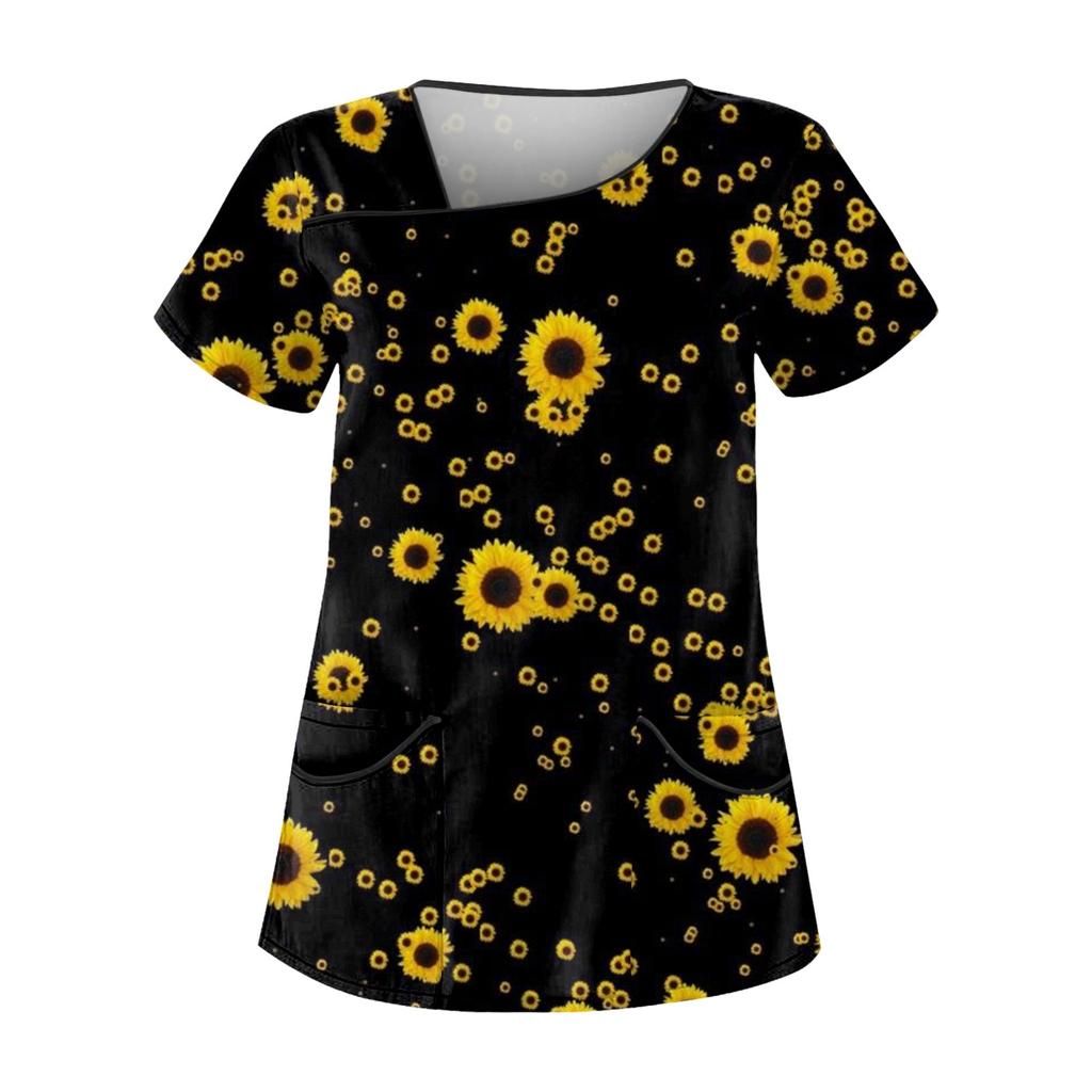 Женская повседневная рабочая одежда с короткими рукавами и принтом, топ с двойным карманом