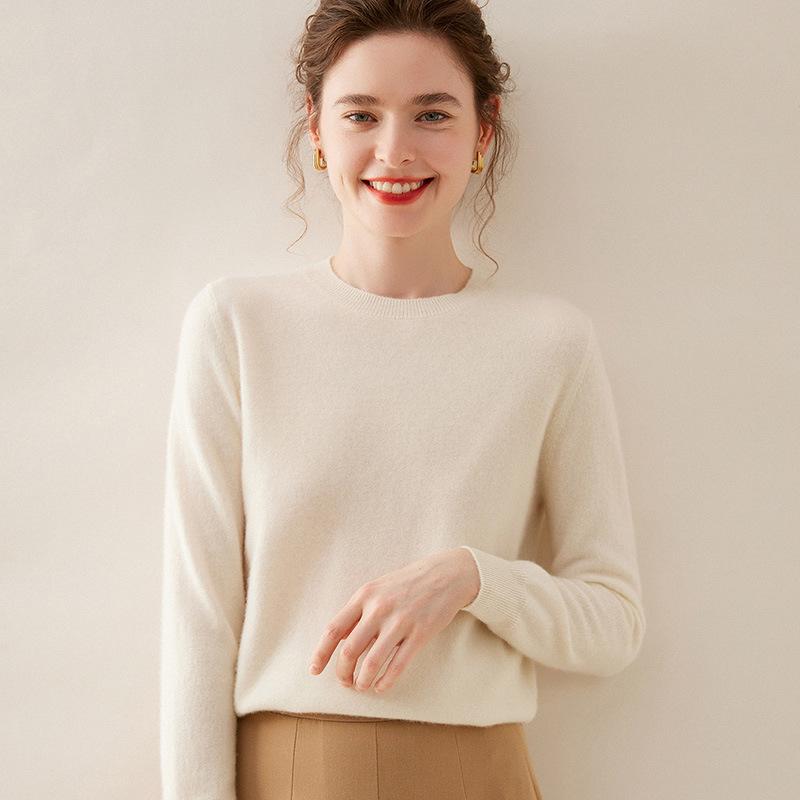Women's Round Neck Breathable Cashmere Sweater - Solid Color, Long Sleeve Knit Pullover for Winter