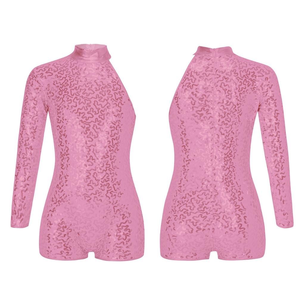 Kids Girls Single Long Sleeve Gymnastics Leotard Sequins Ballet Dance Unitards Short Jumpsuit