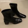 Leather Women Snow Ankle Boots Mid Heels Designer Pumps Square Toe Chunky Fashion Shoes Winter 2026 Trend New Goth Botas Mujer