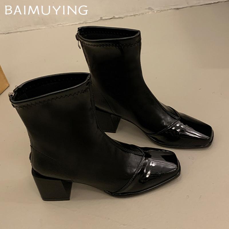 Leather Women Snow Ankle Boots Mid Heels Designer Pumps Square Toe Chunky Fashion Shoes Winter 2026 Trend New Goth Botas Mujer