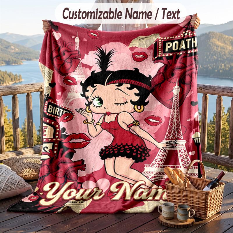 Custom Text Flannel Throw Blanket, Lightweight Cozy Bed Sofa BlanketBetty Boop