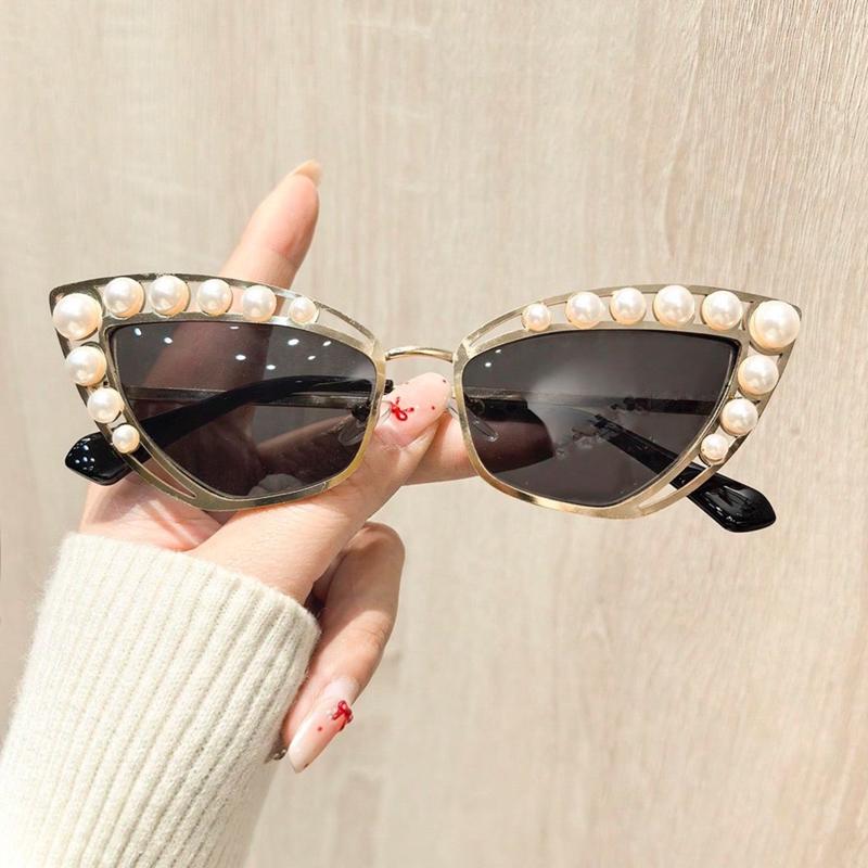 Неполяризованные женские солнцезащитные очки в европейском американском стиле в форме кошачьего глаза с жемчужным украшением