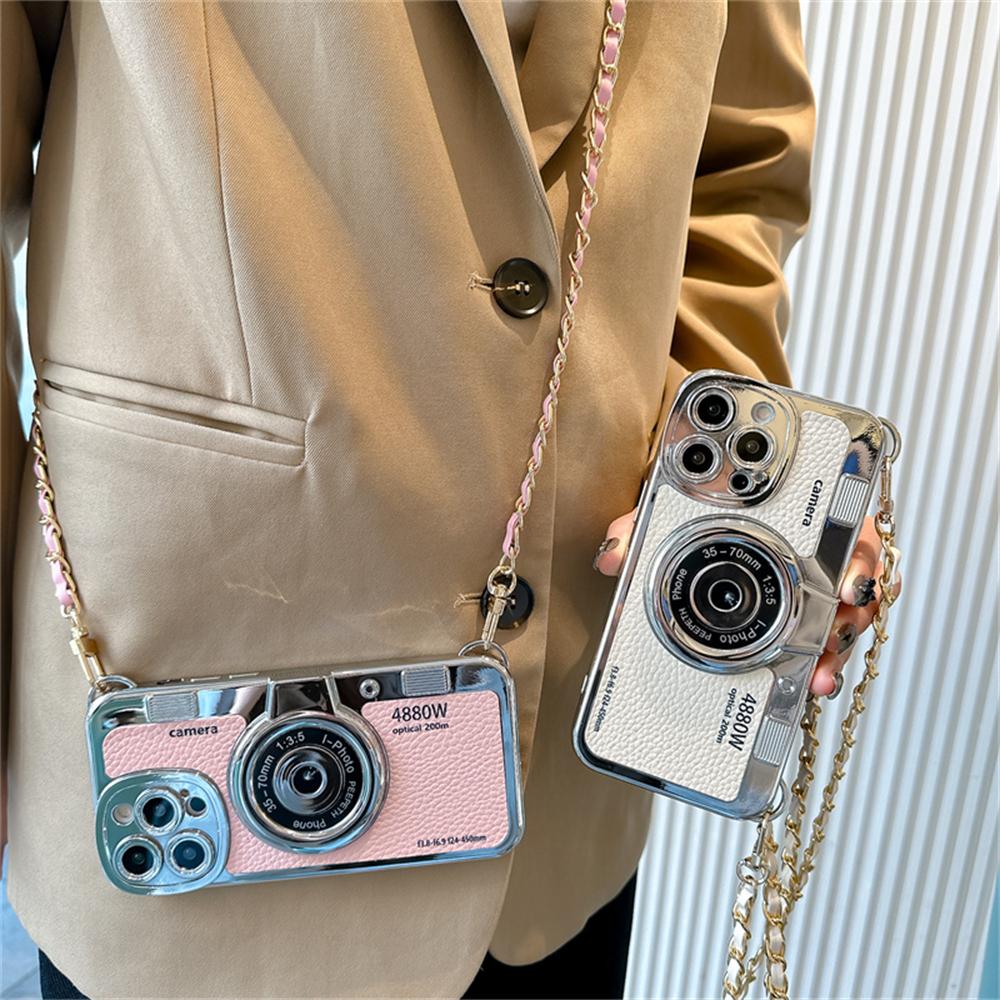 Роскошный чехол для телефона с ремешком через плечо Camrea 3d в стиле ретро для Iphone 14 13 12 11 Pro Max, стильный кожаный ремешок, противоударный мягкий чехол