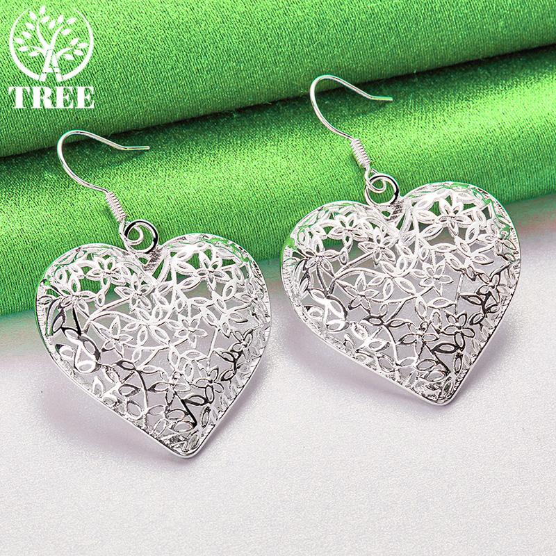 Sweet Romantic 925 Sterling Silver Carved Flower Heart Drop Earrings Women Birthday Anniversary Party Jewelry Fine Accessories