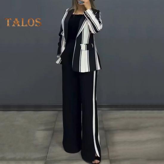 2 шт./комплект женский деловой пиджак брюки комплект с длинными рукавами цветной полосатый кардиган с лацканами средней длины пиджак расклешенные брюки с высокой талией формальные