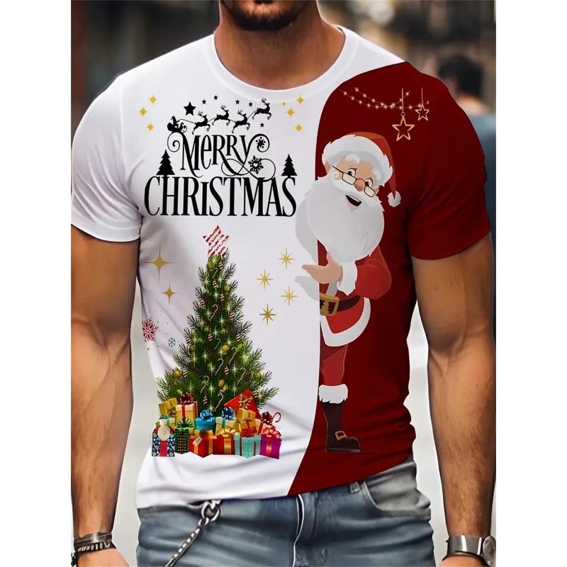Рождественская мужская футболка с 3D-принтом, повседневные футболки с коротким рукавом, уличная мода, свитер с круглым вырезом, мужская свободная футболка