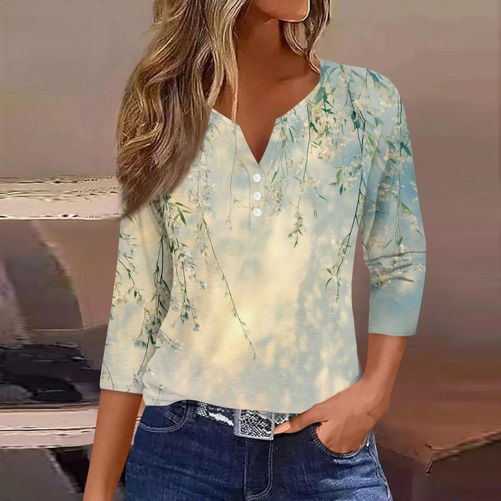 Женская модная повседневная футболка с цветочным принтом, V-образным вырезом, декоративными пуговицами и рукавом три четверти