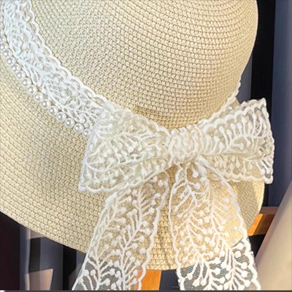 Summer Fashion Lace Bow Beach Travel Sun Hat, 100% Paper Straw Crocheted Flat Top Hat with Buckle Closure, Unisex Sun Protection for Weddings