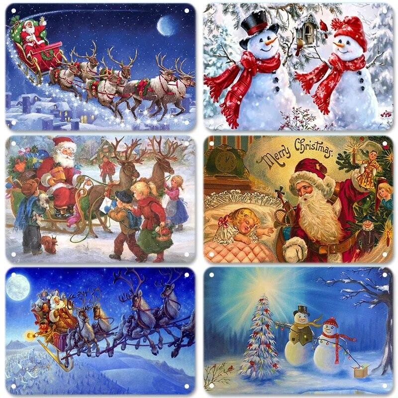 Merry Christmas Posters Tin Sign Cute Snowman and Santa Claus Metal Plaque Wall Art Decor Christmas Gift