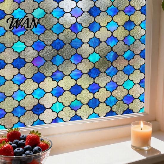 Decorative Window Film for Privacy Stained Glass Film, Retro Geometric Plaid Static Cling Decal, Double Heat Control Sided PVC Removable Sticker Doors
