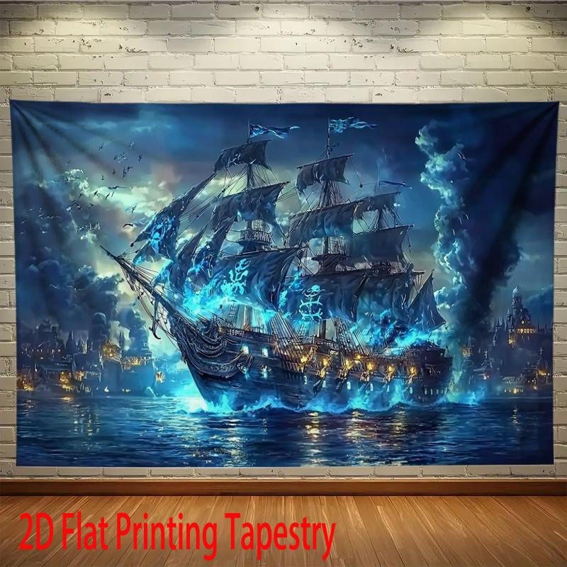 Pirate Ship Tapestry 2D Digital Print Polyester Wall Hanging Living Room Bedroom Office Studio Decor with Hooks